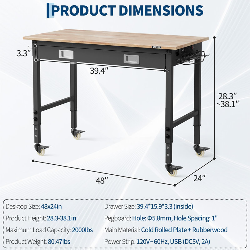48" Adjustable Height Workbench with Drawer and Power Outlets, Solid Rubberwood Top and Heavy-Duty Storage for Garage Workshop Use