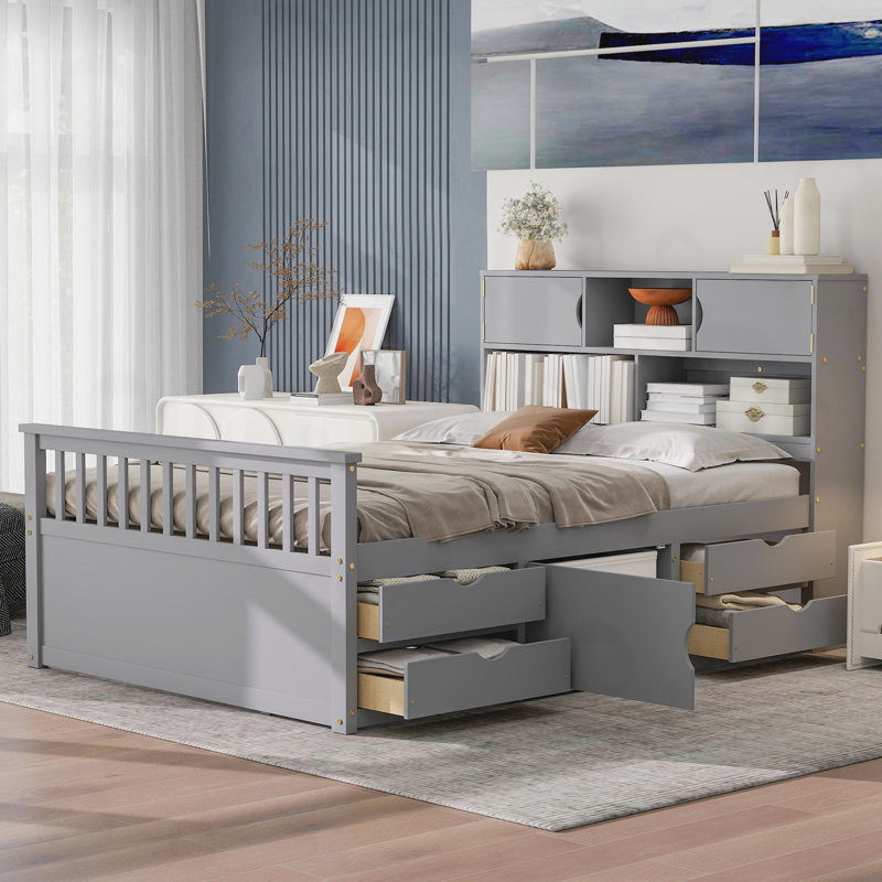 Lit plateforme double avec bibliothèques et tablettes de rangement, Grey