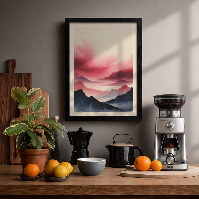 Mountains At Dawn Minimalist - Print, A2 - 59.4 x 42.0 cm, Black
