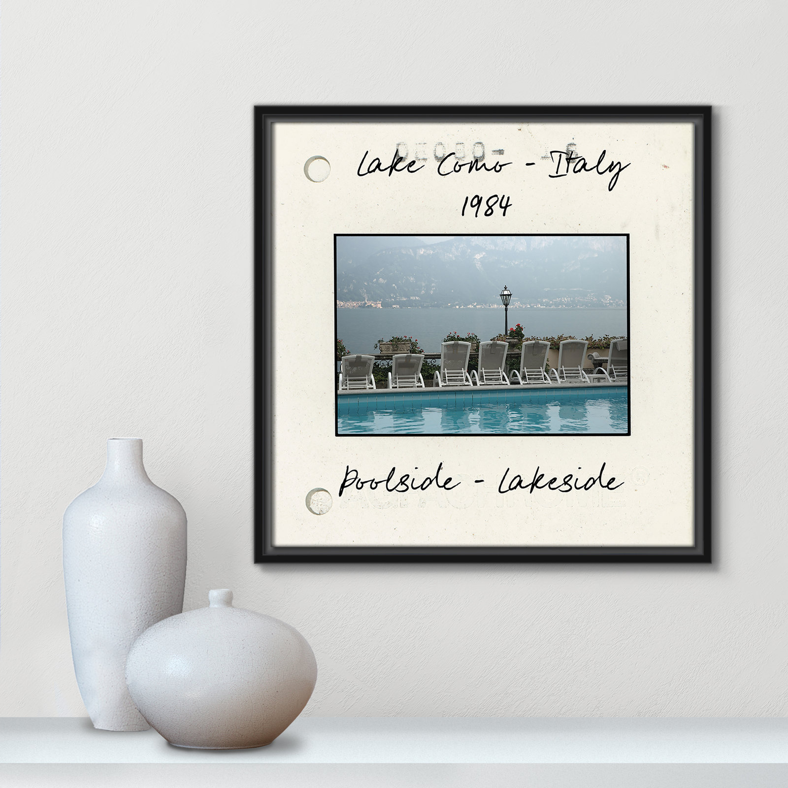 Lake Como, Italy - Poolside Lakeside Print by Danita Delmont, 17.5" H x 17.5" W x 2" D, Black Floater Framed Canvas