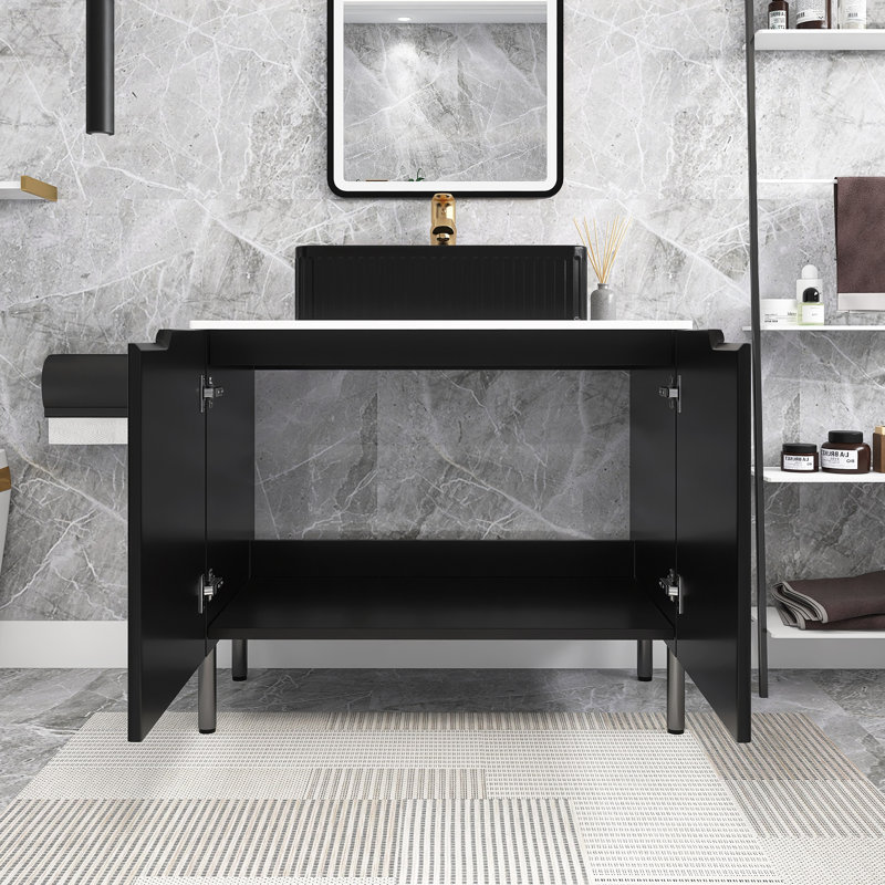 Meuble-lavabo simple 30 po avec plateau en pierre frittée blanc Carrare Boika, Noir