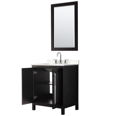 Daria 30 Inch Single Bathroom Vanity in Dark Espresso, Carrara Cultured Marble Countertop, Undermount Square Sink (3-Hole), Polished Chrome Trim, 24 Inch Mirror