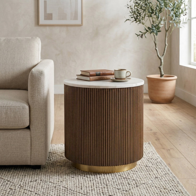 Kirtin Round Marble End Table With Gold Accent Base, White and Brown