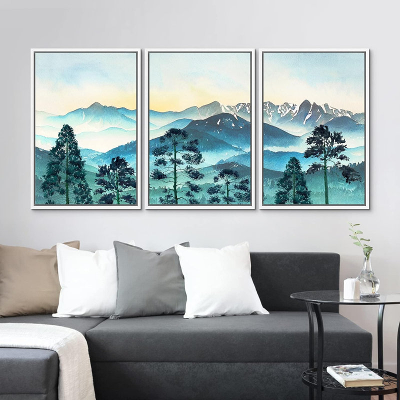 Paysage de forêt boisée brume et brouillard sur une chaîne de montagnes pastel à l'aquarelle 3 pièces, Blanc