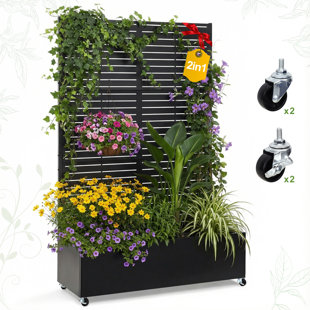 Boîte à fleurs en métal avec écran d'intimité en treillis, lit de jardin surélevé avec treillis et roues, jardinières d'intimité pour patio, 73 po x 47 po x 16 po, noir