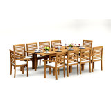 10 Seats 11 Pcs Grade-A Teak Wood Dining Set: 94" Double Extension Rectangle Table And 10 Hari Stacking Arm Chairs #11HR2010