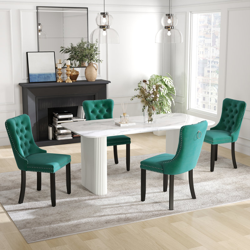 Ensemble de salle à manger rectangulaire à double piédestal avec table de salle à manger de style crème, 5, Vert