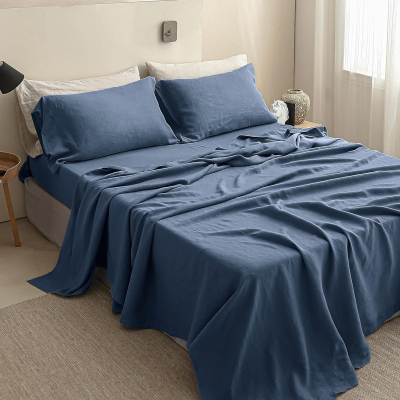 Simple&Opulence 100% Linen Sheet Set, Queen Sheet Set with 2 Pillowcases, Basic Classic Blue