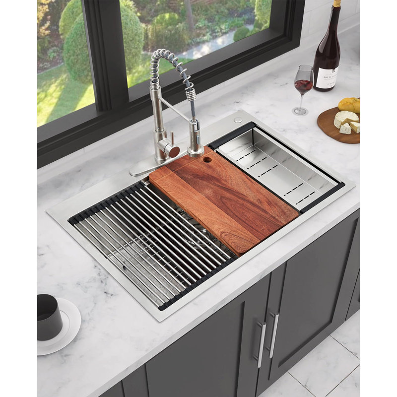 Drop-In Workstation Kitchen basin Kit, Single Bowl ultrafine Black 304 Stainless Steel 33x22x9 in, Bottom Grid + Pull-Out Spring Faucet, Single Hole - UK Standard - UK 1/2 Inlet Hose