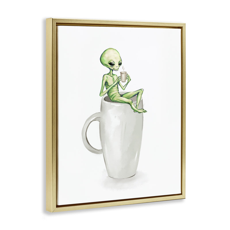 Art mural sur toile Alien & Coffee par Ziwei Li, H 31 po x l 25 po, Cadre flottant métallique doré