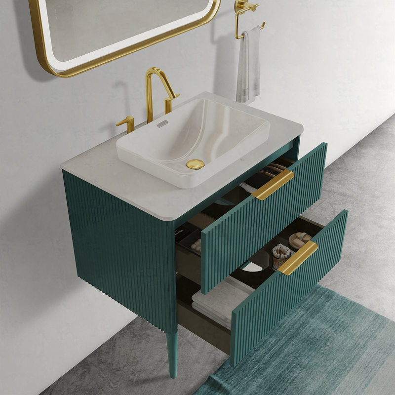 Meuble-lavabo en chêne rayé avec lavabo en céramique 30 po Elena, pré-assemblé, Bleu Aque