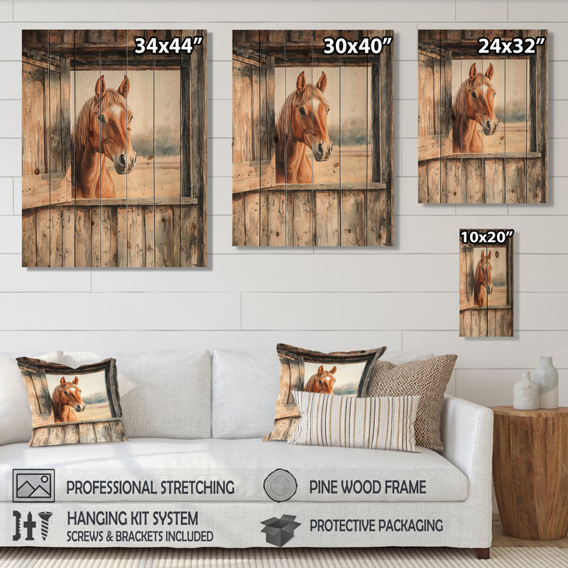 Portrait de cheval à la grange II - Décoration murale cheval en bois - Bois de pin naturel, H 44 po x l 34 po x P 0,78 po