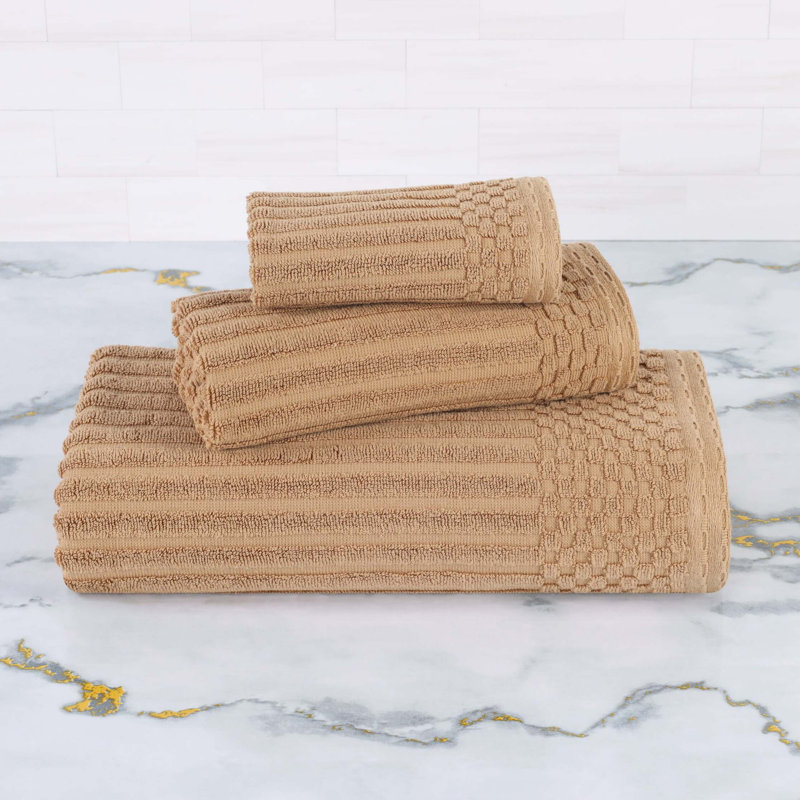 Soho Spa Highly Absorbent Cotton 3 Piece Assorted Size Checkered Border Towel Collection, Light Brown