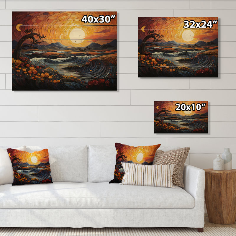 Coucher de soleil peint quamaine, pointillisme sur bois, H 24 po x l 32 po x P 0,78 po