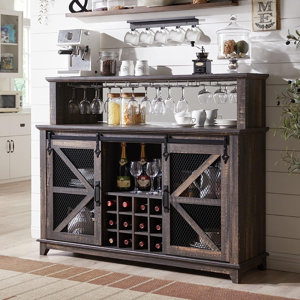 Gruber Farmhouse 55" Wine Coffee Bar Cabinet w/LED Lights, Sliding Barn Door, Wine & Glass Rack