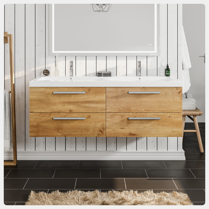 Zakis 57" Wall-Mounted Double Bathroom Vanity Set, Natural Oak