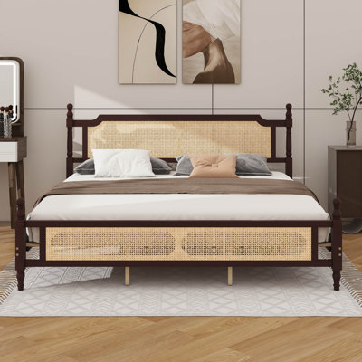 King Size Wooden Bed Frame Adorned With Rattan Headboard