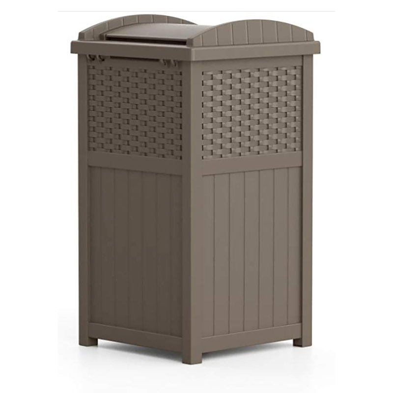 Dark Taupe Wicker-Style Plastic Outdoor Trash Can with Lid
