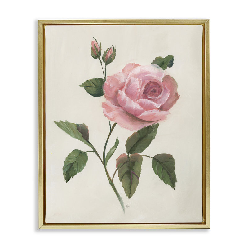 Brindille rose simple, Cadre flottant métallique doré, H 31 po x l 25 po