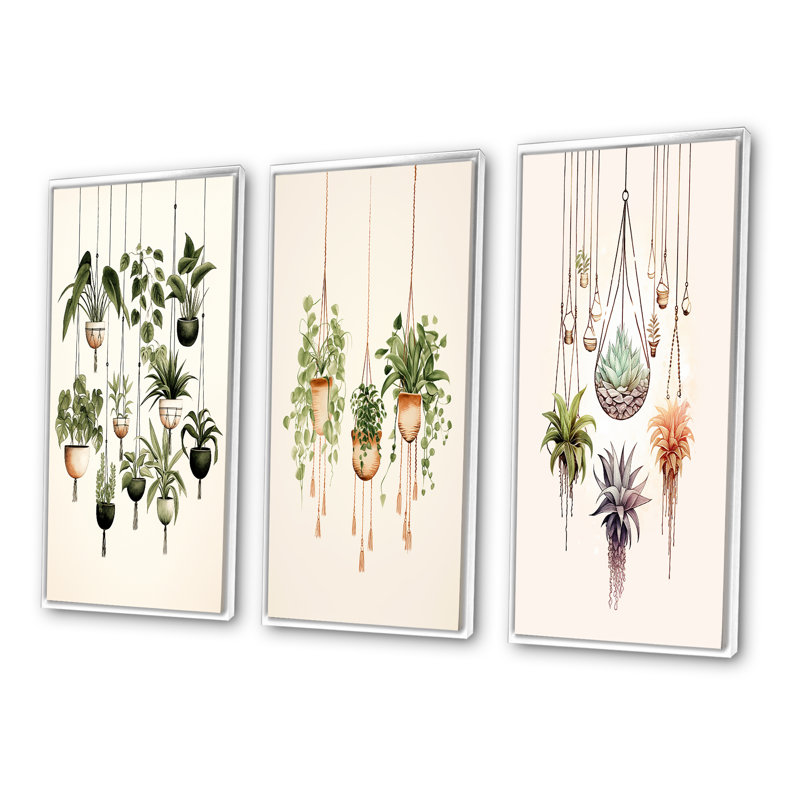 «Hanging Houseplants Boho Botanical Watercolor», 3 pièces sur toile, Cadre flottant blanc, H 32 po x l 48 po