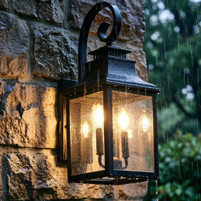 Lanterne murale d'extérieur noire 23 po, ensemble de 1 applique en aluminium coulé sous pression avec verre ensemencé transparent, lumière de porche résistante aux intempéries pour le patio, le jardin, le garage, installation câblée facile