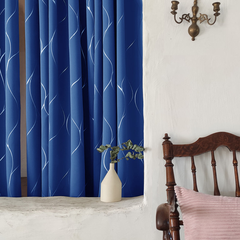 Seligman Wave Foil Printed Room Darkening Thermal Curtains, Width 117 x Drop 183 cm, Royal Blue