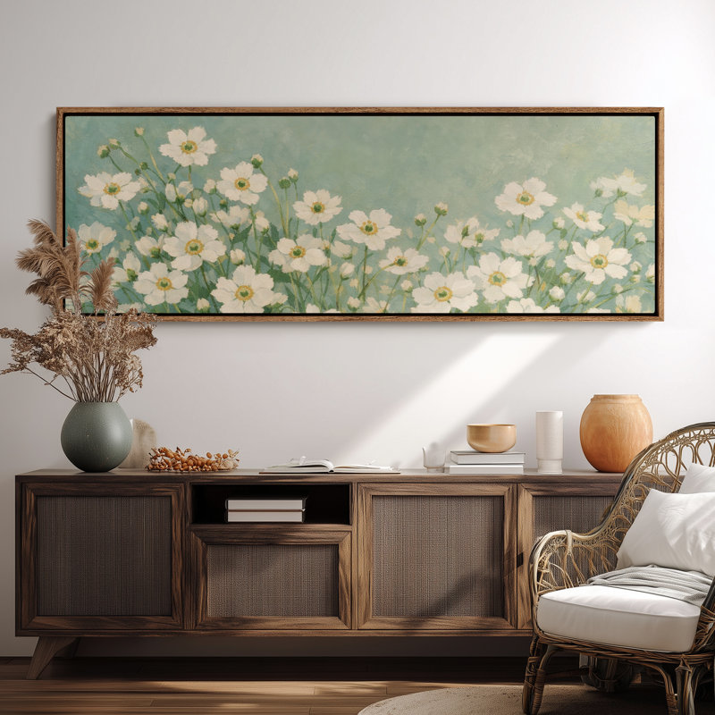 «White Daisy Meadow» sur fond vert doux, reproduction d'art encadrée, H 20 po x l 60 po, Naturel