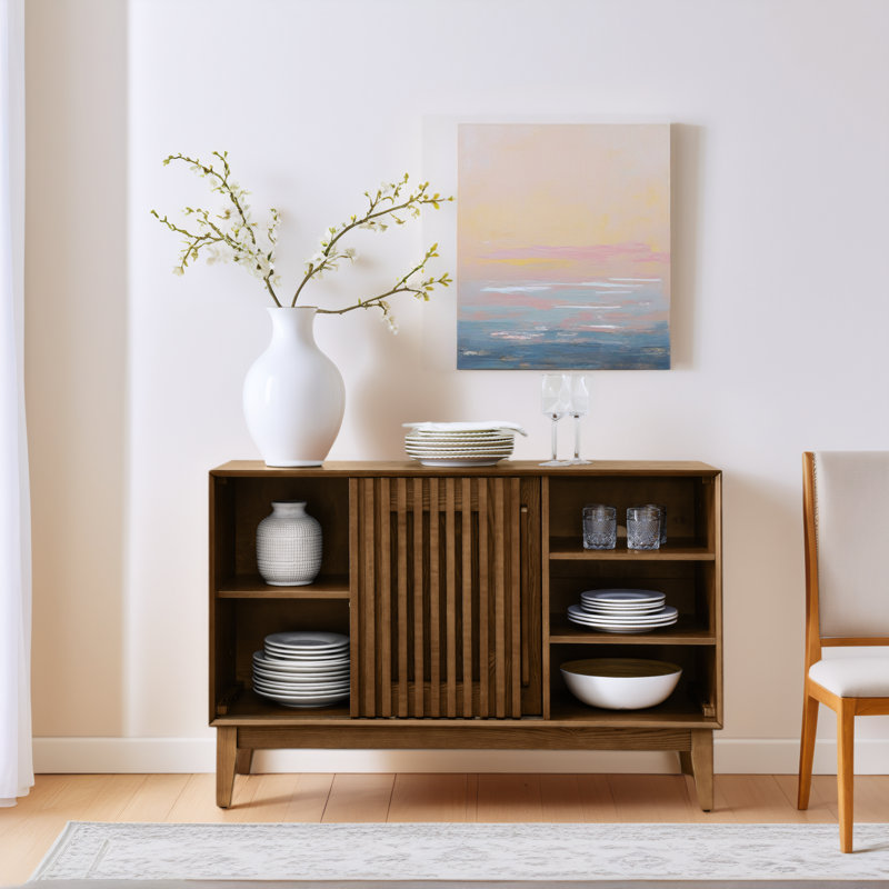 Buffet 47 po et console média - armoire cannelée 2 portes avec pieds en bois massif, Brun