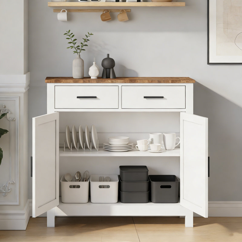 White Modern Farmhouse Kitchen Storage Cabinet, Coffee Bar Buffet With 2 Drawers & 2 Doors For Living Dining Bathroom