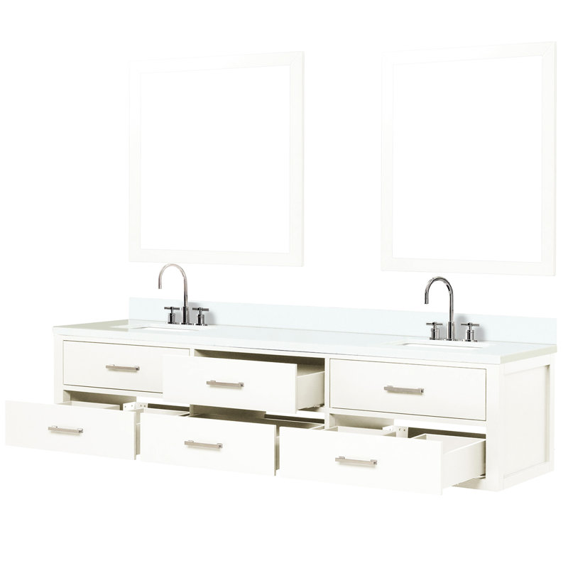 Meuble-lavabo double blanc l 80 po x P 22 po - surface en quartz, robinet, comptoir en bois massif avec miroir de 36 po, robinet inclus,