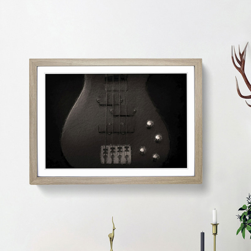Bottom of a Black Bass Guitar - Picture Frame Painting Print, Oak Framed, 48cm H x 65cm W x 2cm D
