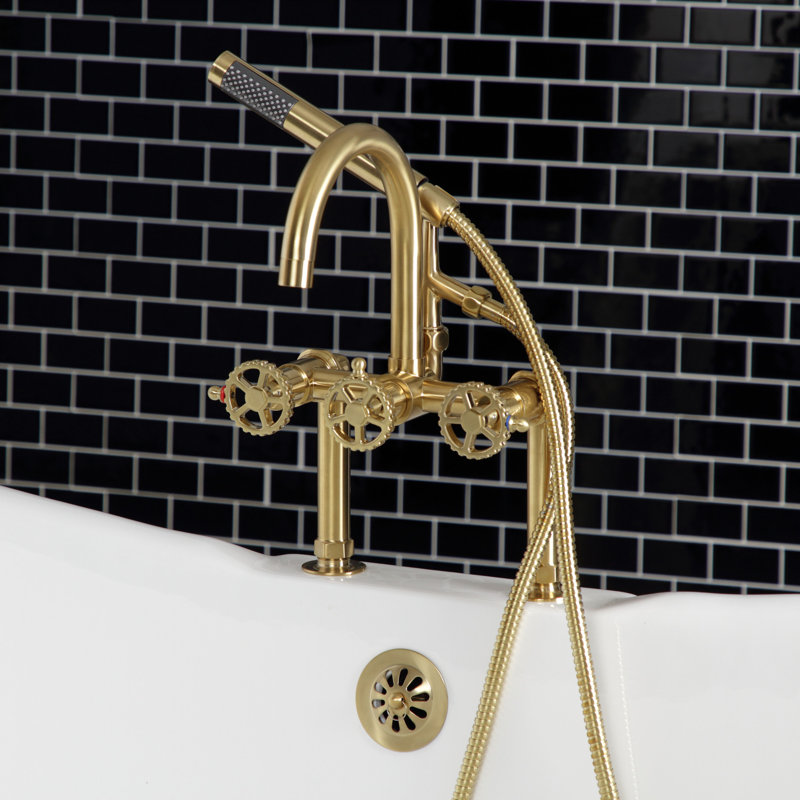 Kingston Brass Fuller Three-Handle 2-Hole Deck Mount Clawfoot Tub Faucet with Hand Shower, Brushed Brass