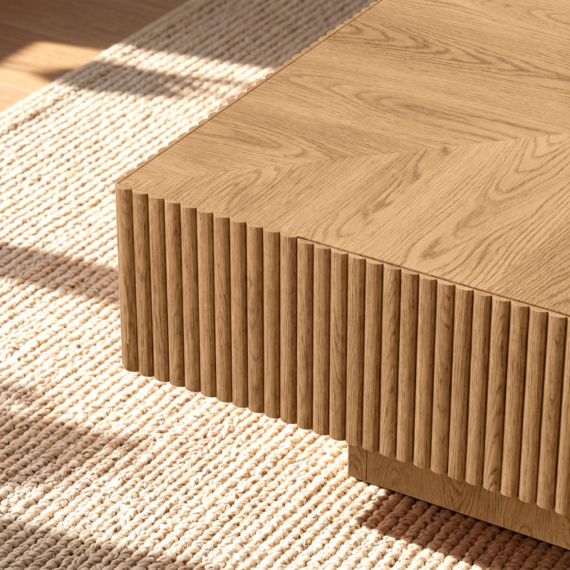 Table basse carrée en bois massif de 100 cm (39,4 pouces) avec 2 tiroirs, finition cannelée artisanale., Natural