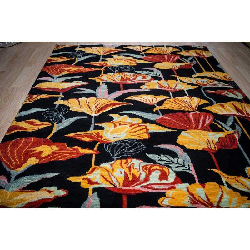 Tapis art nouveau contemporain en laine noir noué à la main