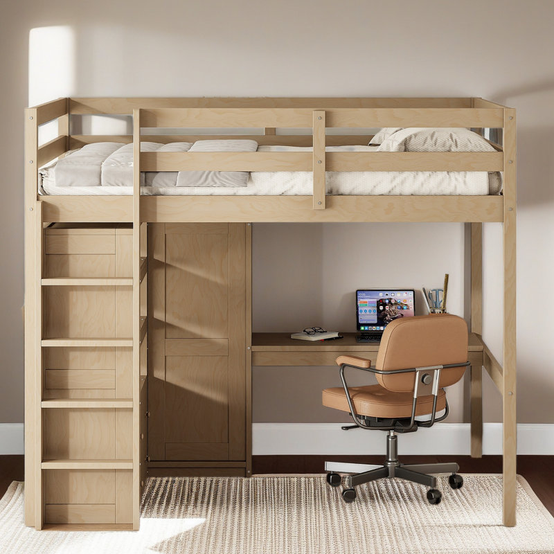 Lit mezzanine double en bois avec garde-robe intégrée, bureau, tablettes de rangement et tiroirs, Noyer