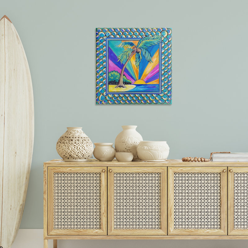 Art mural sur toile Sun Rays & Palm Tree with Border, design par Nettie Price, H 30 po x l 30 po