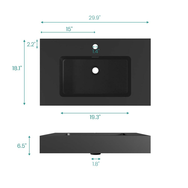 Integrated Engineered Quartz Basin Without Drain And Faucet, Matt Black, Black
