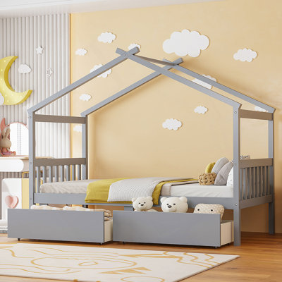 Wooden House Bed with Drawers