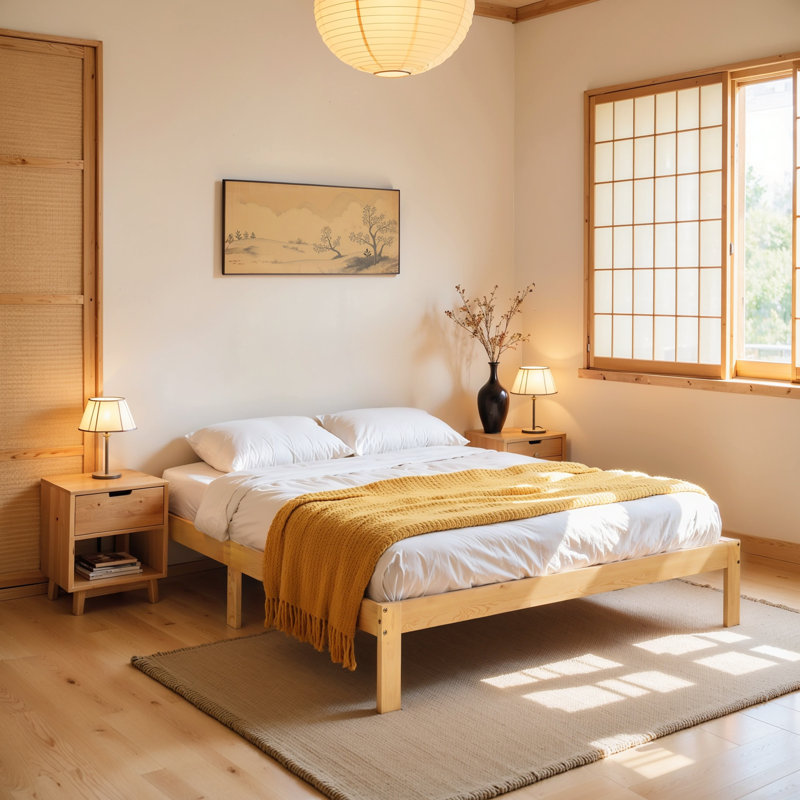 12 Inch Solid Wood Platform Bed Frame，Wooden Bed Frame with No Box Spring Needed, Yellow, Queen