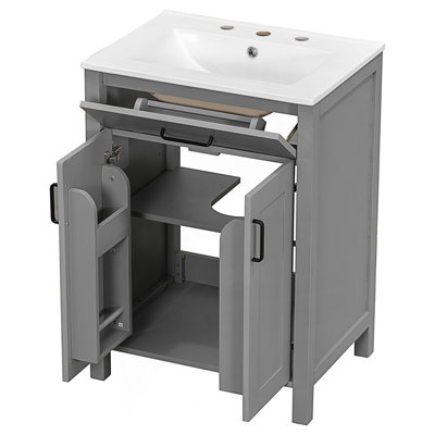 Meuble-lavabo moderne avec lavabo en céramique, portes à fermeture en douceur et tiroir rabattable