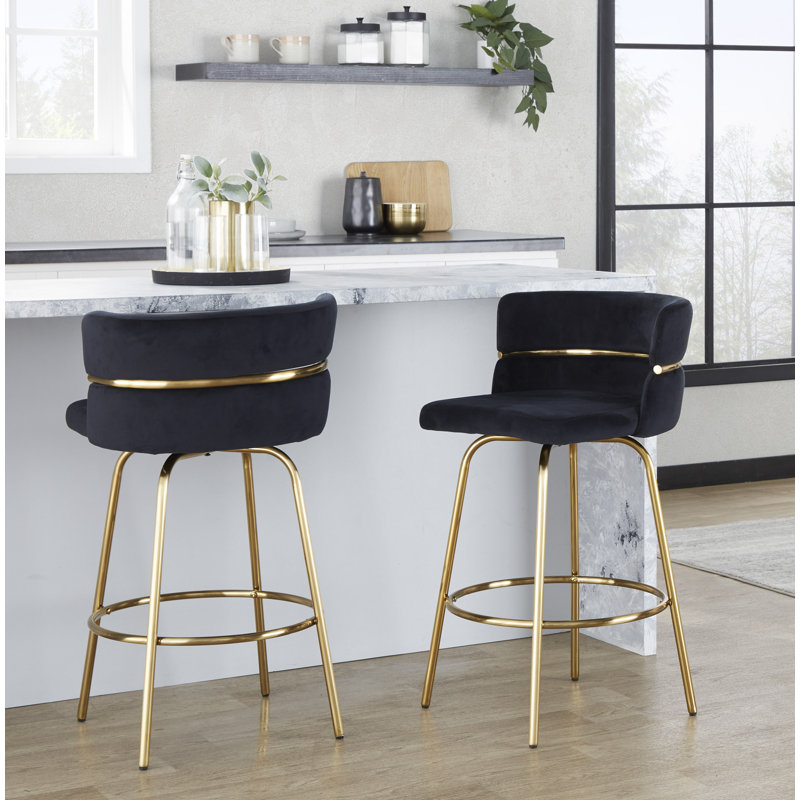 Laurenzio Swivel Upholstered Counter Stool with Metal Frame, Counter Stool (25.75” Seat Height), Black Velvet/Gold Frame