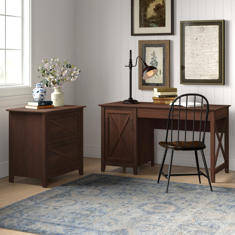 Ozro 54" W Computer Desk and 3-Drawer Lateral File Cabinet , Bing Cherry