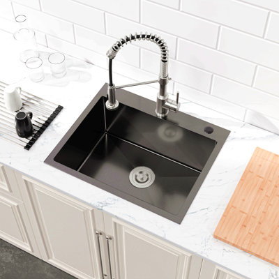 Évier de cuisine en acier inoxydable, lavabo simple encastré à la main de 23 po x 19 po noir, avec drain et crochet standard, Ls-Ssbl02