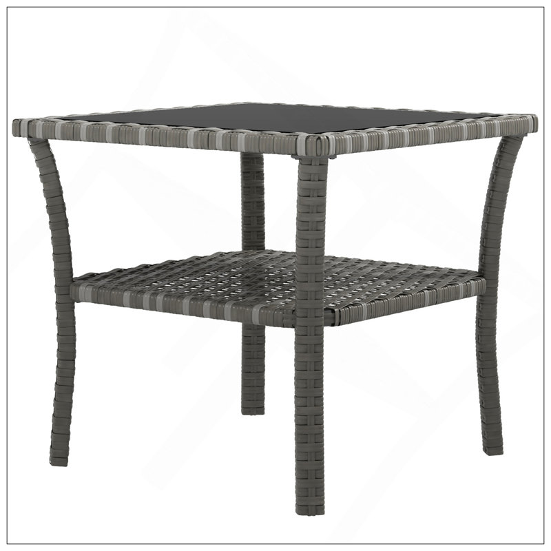 Table d'appoint en rotin Outsunny, table de bout d'extérieur avec tablette de rangement, cadre carré en aluminium, table basse avec plateau en verre trempé, gris