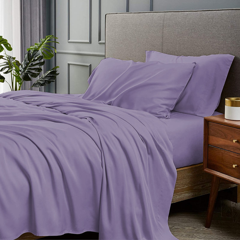 Ensemble de draps 4 pièces en rayonne de bambou, Ensemble de draps pour lit simple avec deux taies , Pervenche
