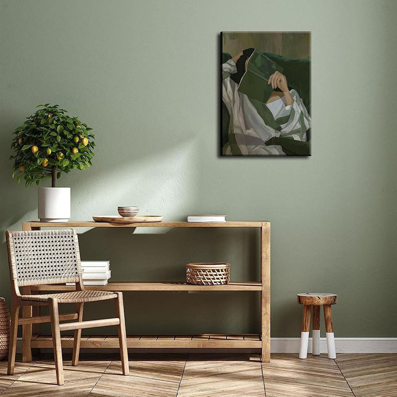 Emerald Green Reading Woman Canvas Wall Art Abstract Cozy People Wall Decor Pictures Minimalist Green Feminine Aesthetic Poster Print For Bedroom Living Room Decoration