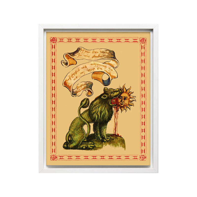Lion vert dévorant le soleil, H 12 po x l 16 po, Canevas, Encadrement blanc