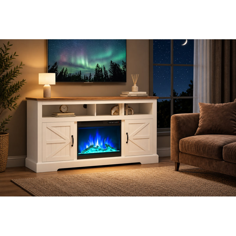 Meuble télé avec foyer de 53 po R.W.FLAME pour téléviseurs de 65 po ou moins, 5100 BTU avec thermostat et minuterie, lit à 4 et 12 flammes (bûches et cristaux inclus)