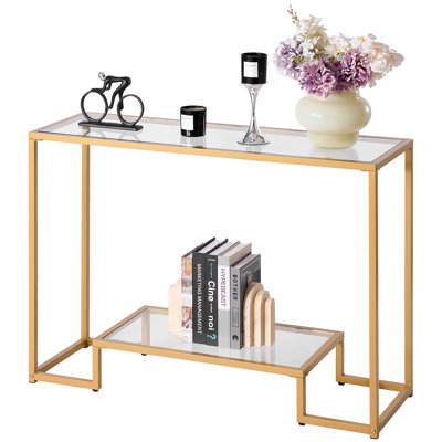 Console à 2 niveaux en verre, table d'appoint rectangulaire moderne avec plateau en verre trempé et pieds en fer, bureau Golden Consloe avec dispositif anti-basculement