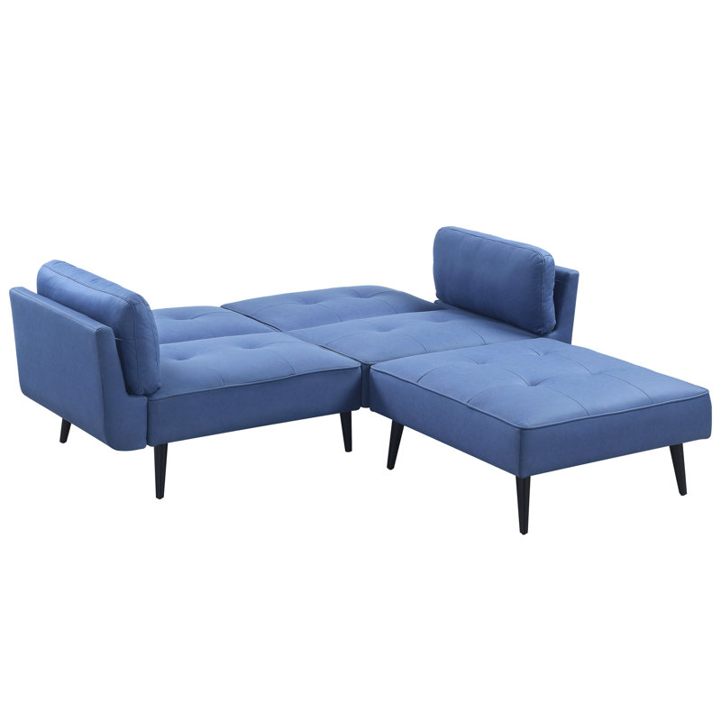Tissu bleu réglable à 2 places avec pieds Kd Back, coussin serré, hauteur de 17 po, siège à ressorts ensachés avec accoudoirs de 25 po, bouton, fonction convertible